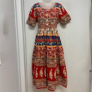 La Cera Boho Patchwork Print Midi Dress | Cotton Tie Waist